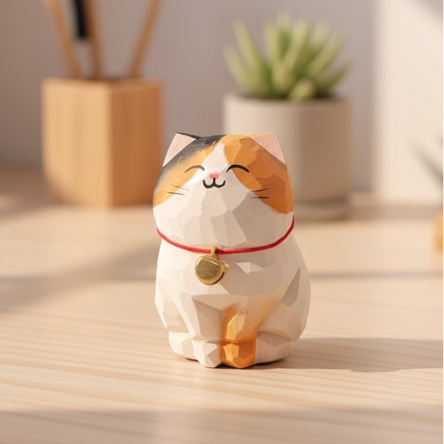 Cat-shaped decorative figurine with a bell on a wooden surface