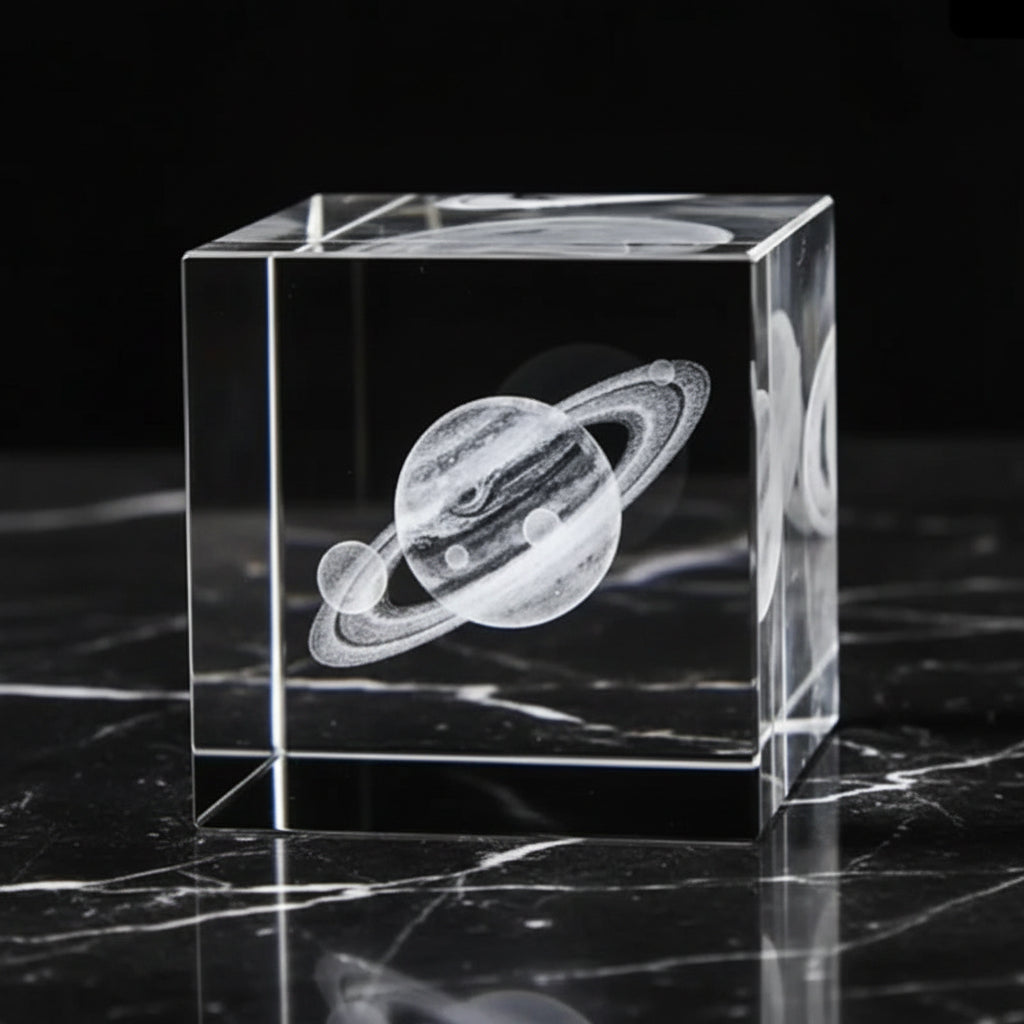Crystal cube with laser engraving of Saturn on a dark surface