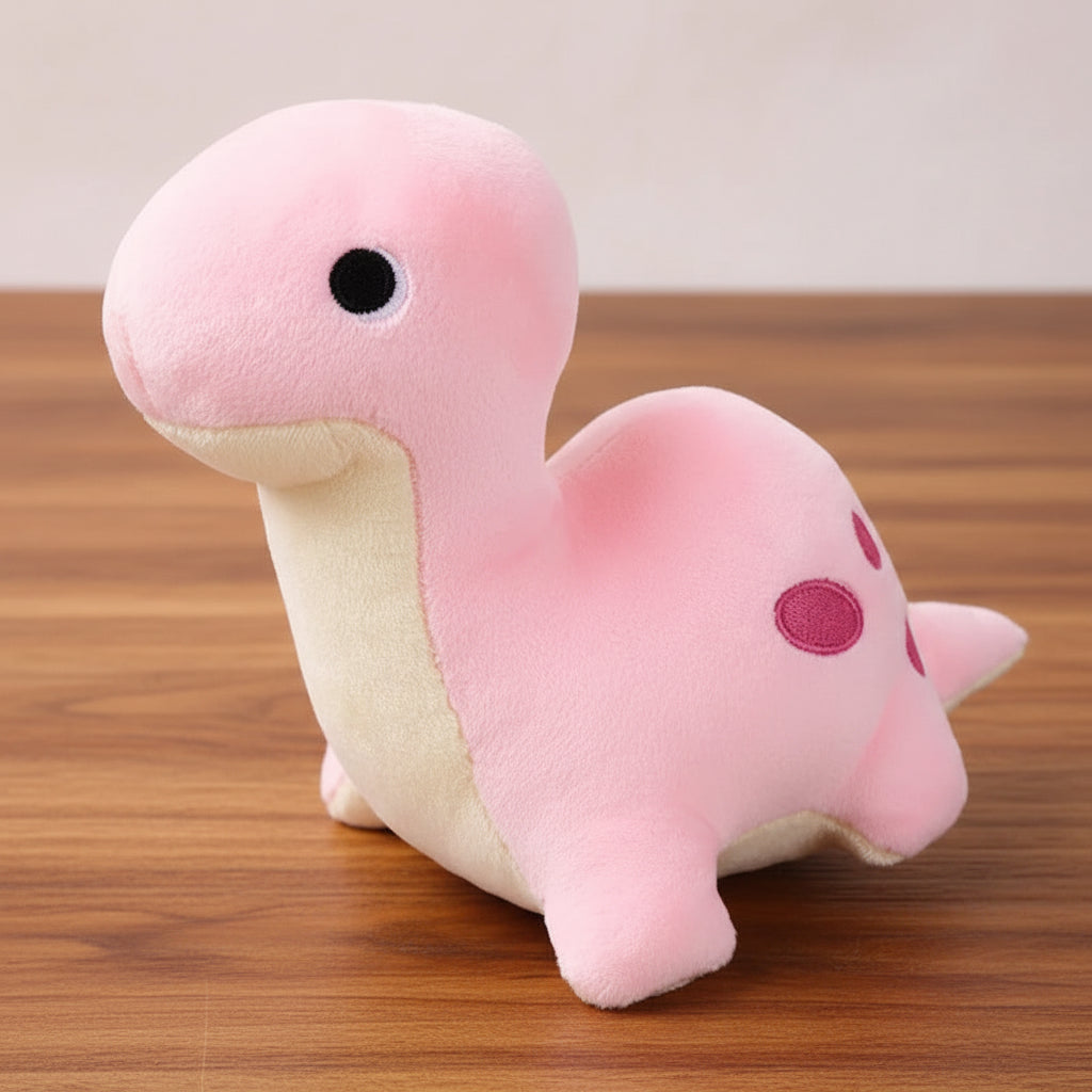 Pink and beige plush toy resembling a dinosaur on a light gray background