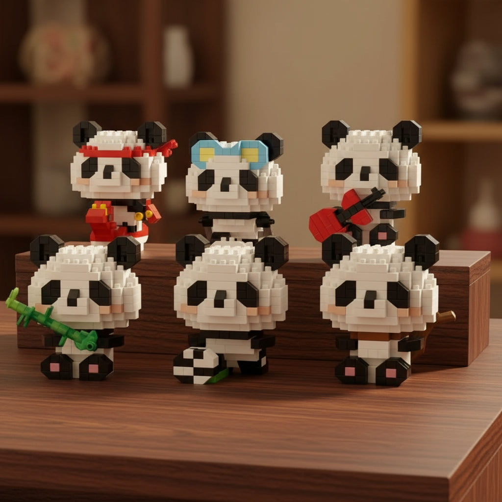 Set of panda-shaped building block toys on a wooden surface.