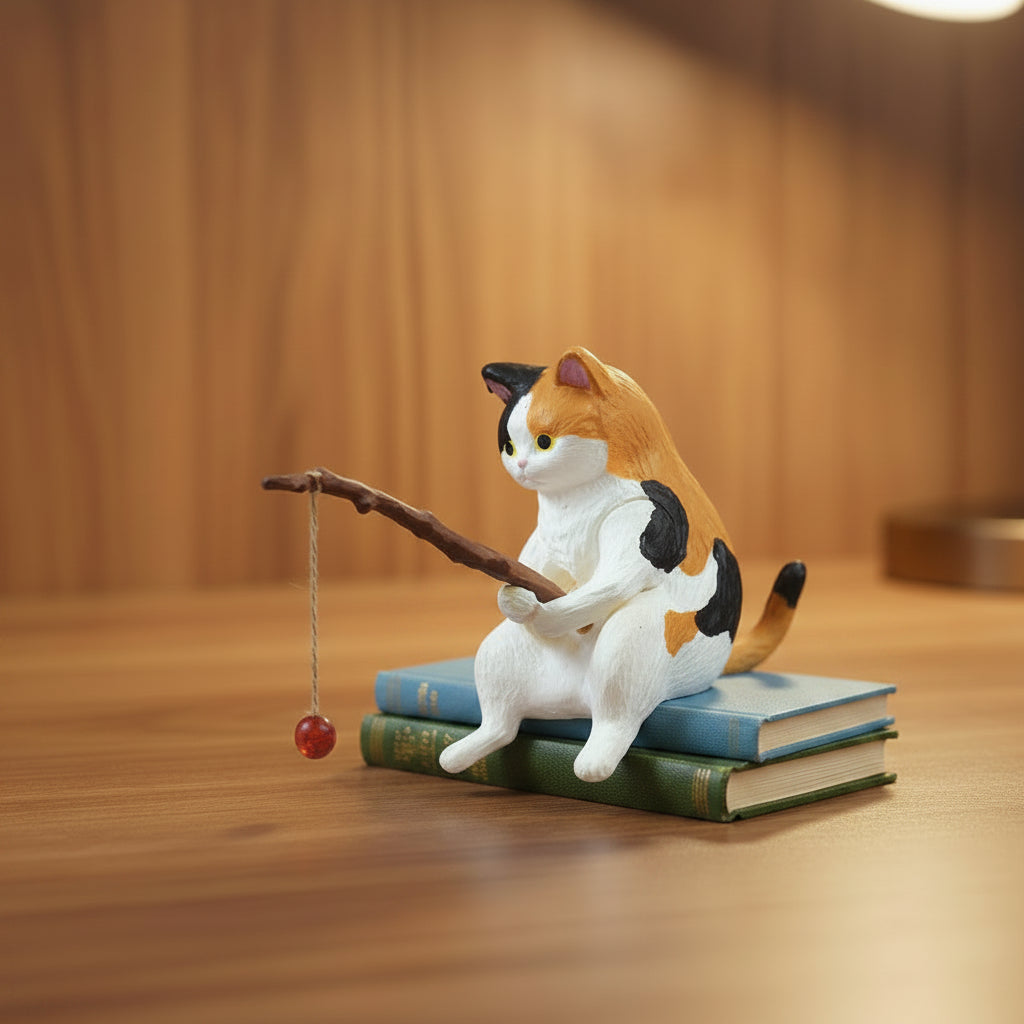 Cat figurine with a branch and red ball on a desk