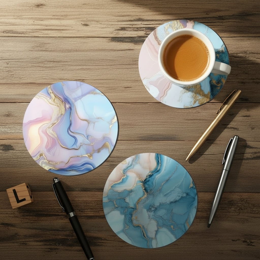 Marble-patterned coasters with a cup of coffee on a desk with a laptop and sunflower.