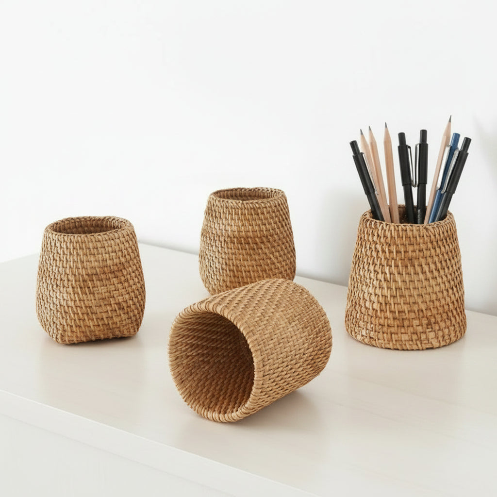 Woven pencil holders on a desk with pencils and a magazine.