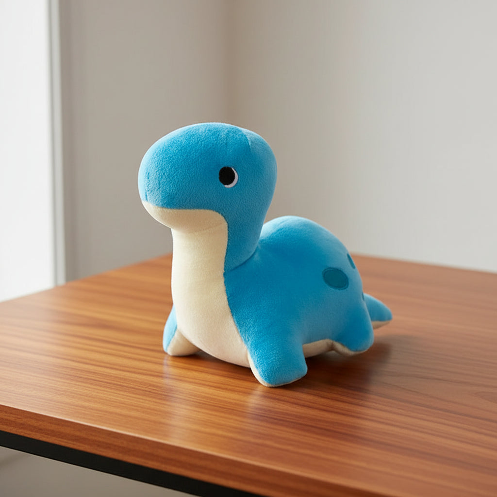 Blue dinosaur plush toy on a white background