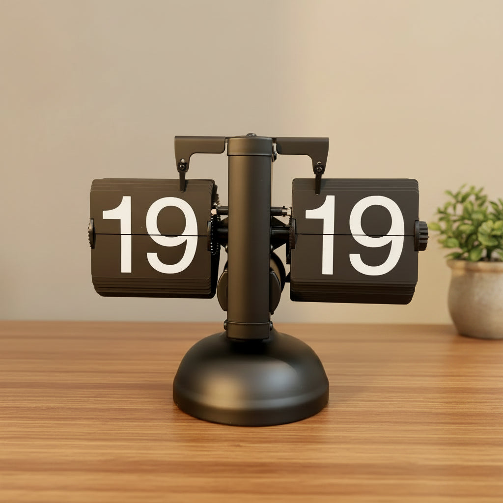Black flip clock with white numbers on a desk