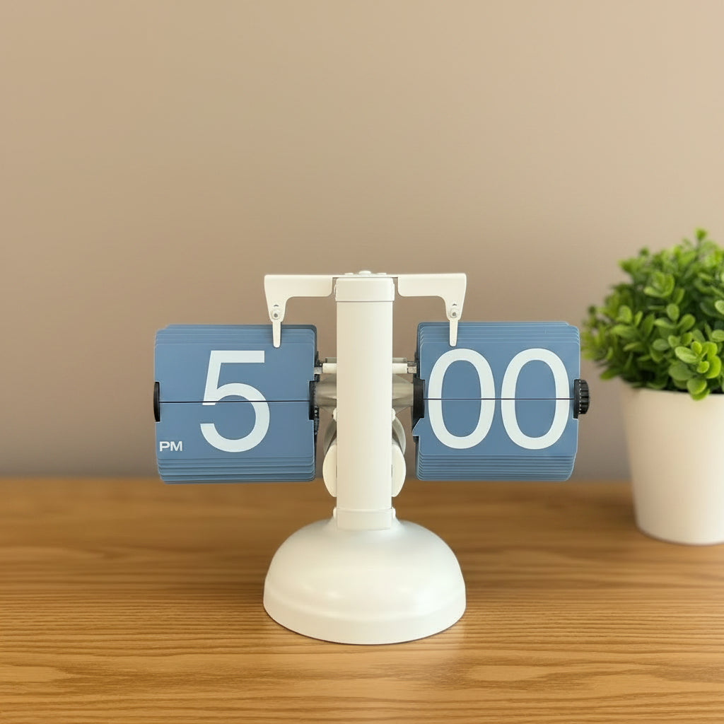 blue flip clock  with white base and  on a desk