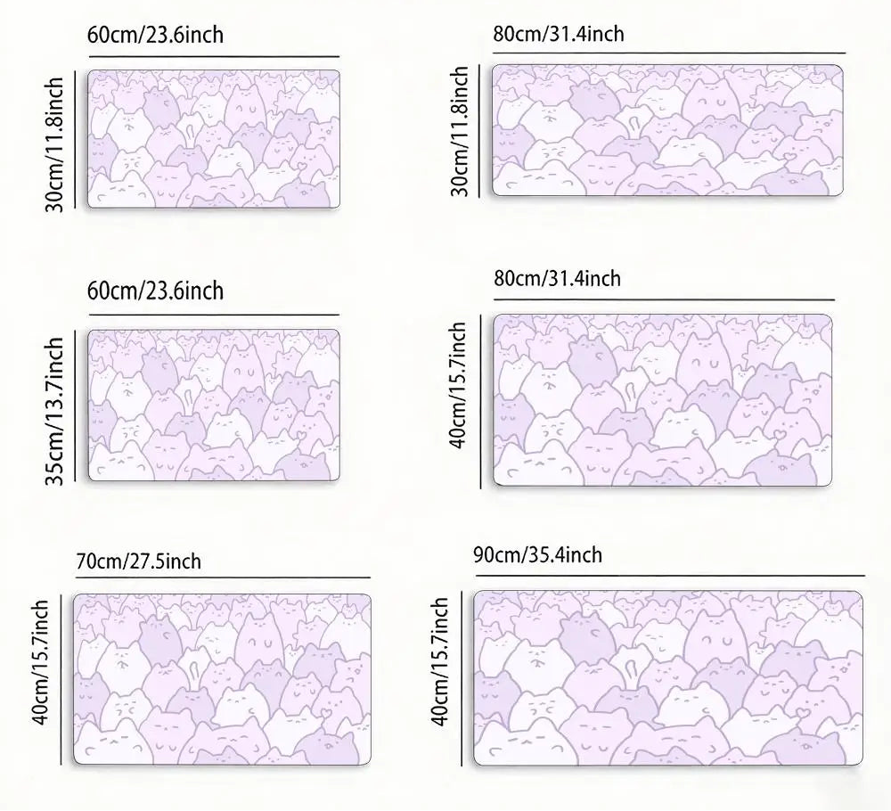 Measurement chart of purple textured cat panels with dimensions in centimeters and inches.