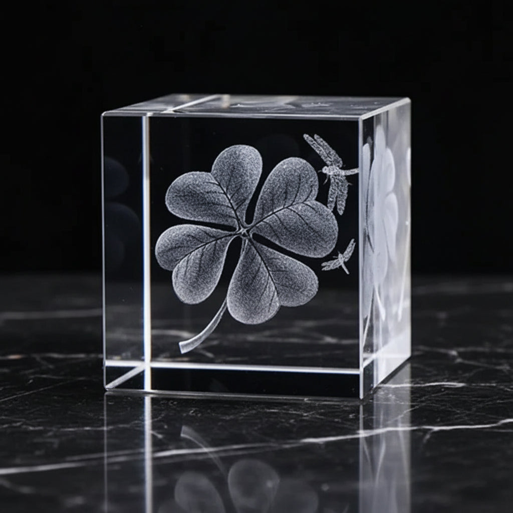 Crystal block with laser-engraved four-leaf clover on a dark surface
