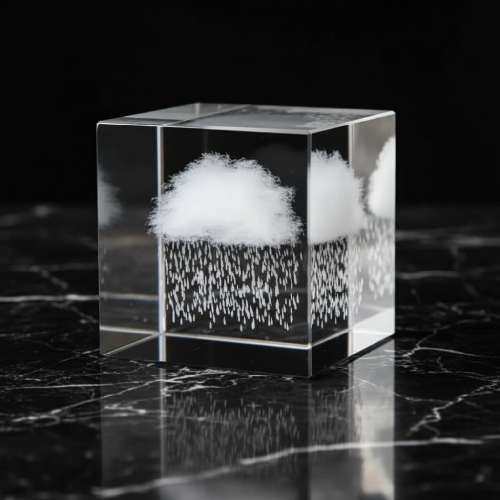 Crystal block with a 3D snowflake design on a dark background