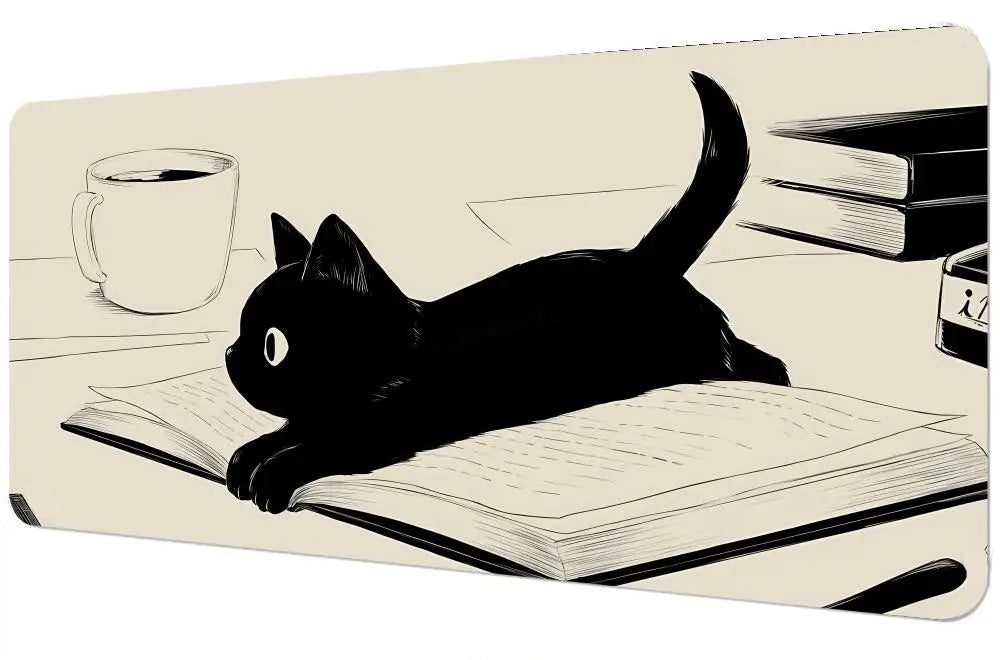 Mouse pad with a black cat illustration on an open book, accompanied by a pen holder.