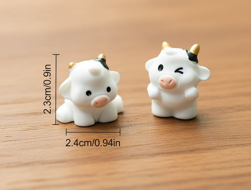 Two small cow figurines with measurements on a textured surface