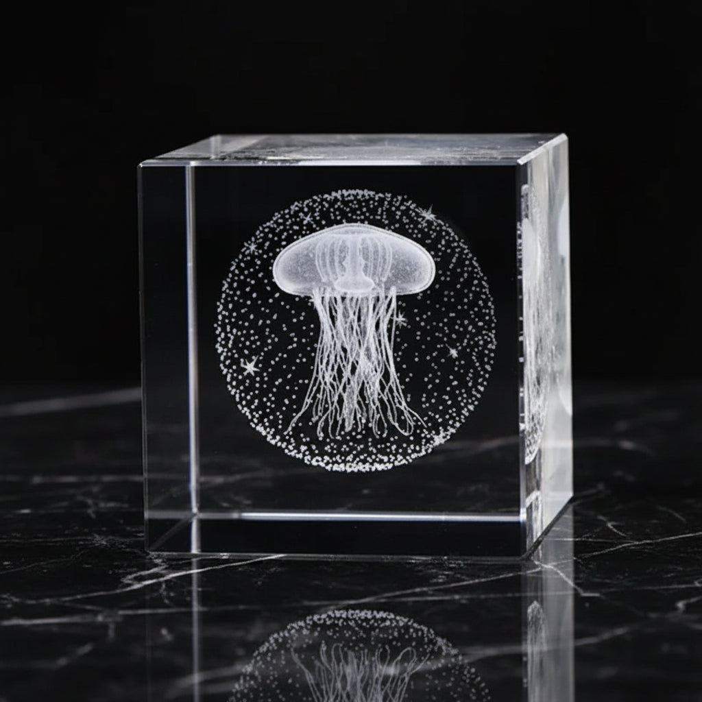 Crystal block with 3D laser engraving of a jellyfish on a dark background