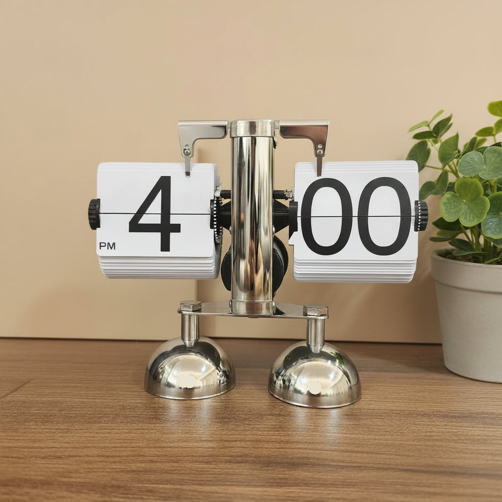 Metallic clock with flip faces on a wooden surface, plant in the background
