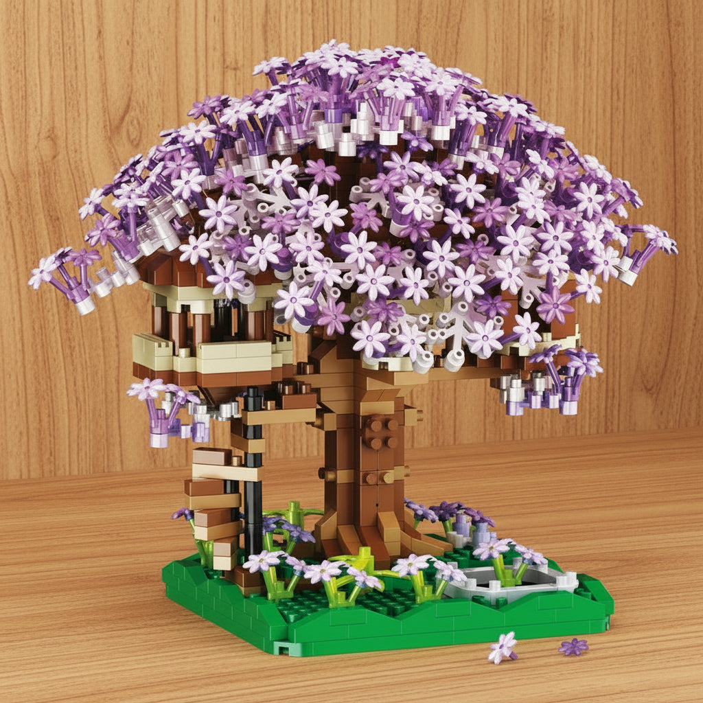 Toy purple treehouse with floral top on a table