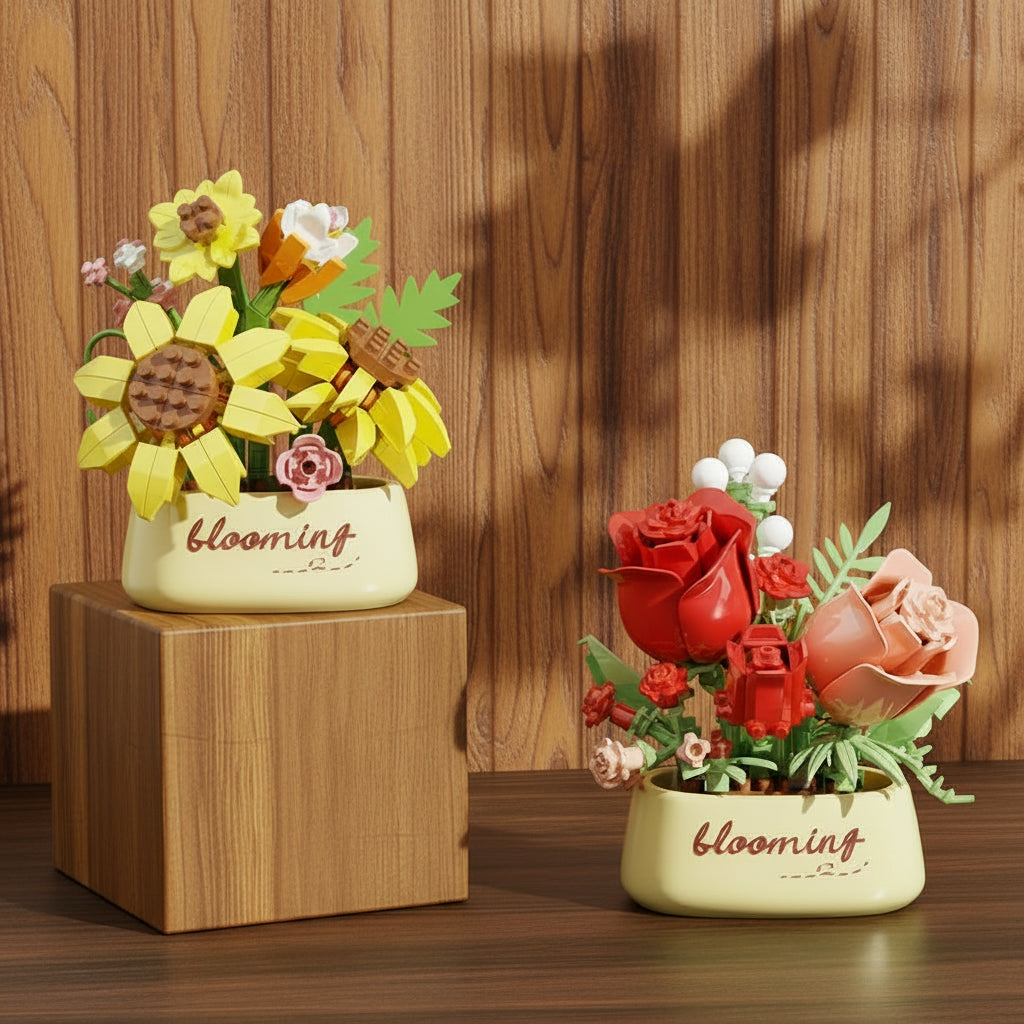 Two decorative flower pots with floral arrangements made of building bricks on a wooden surface.