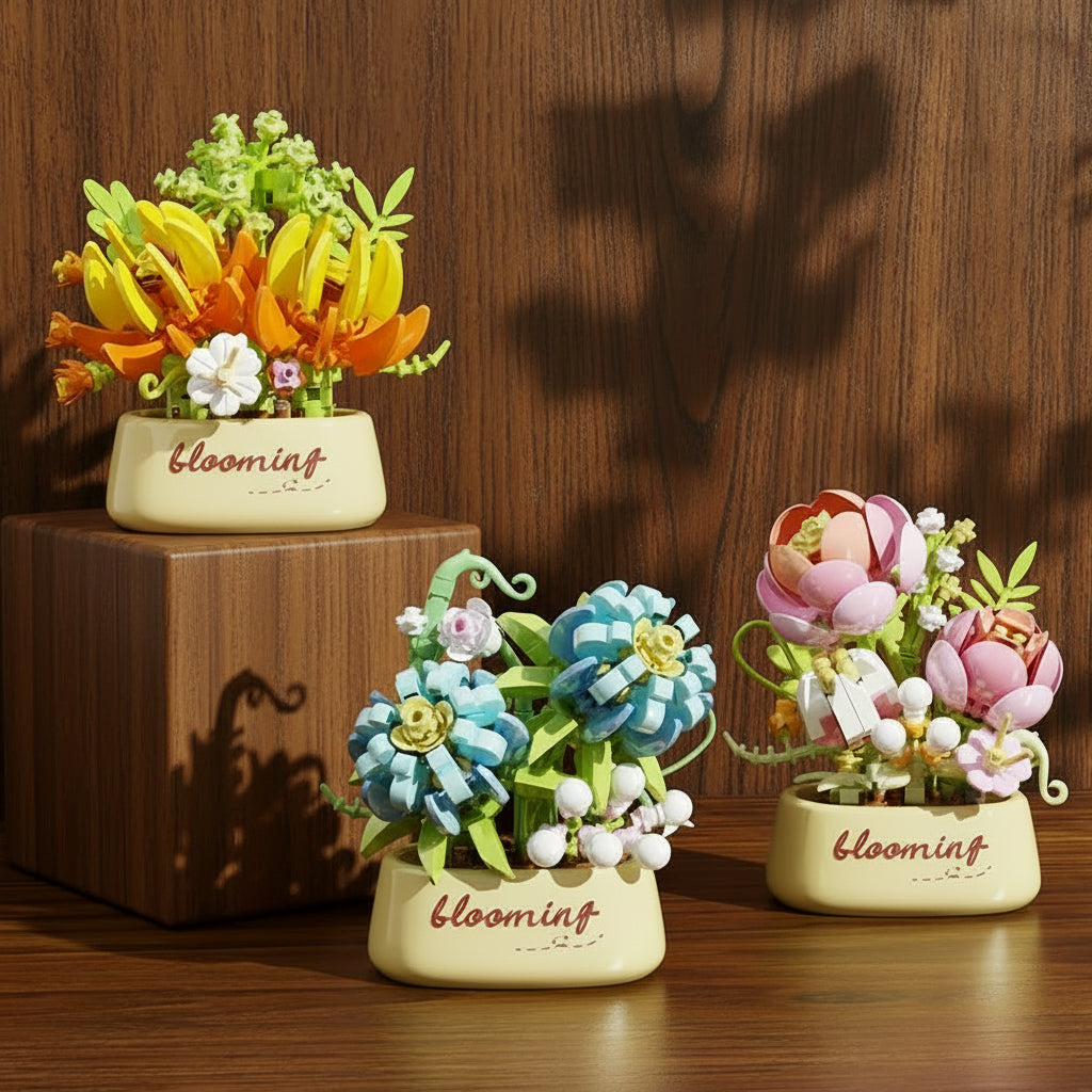 Colorful flower building block sets on a wooden surface with yellow flower pots.