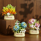 Colorful flower building block sets on a wooden surface with yellow flower pots.