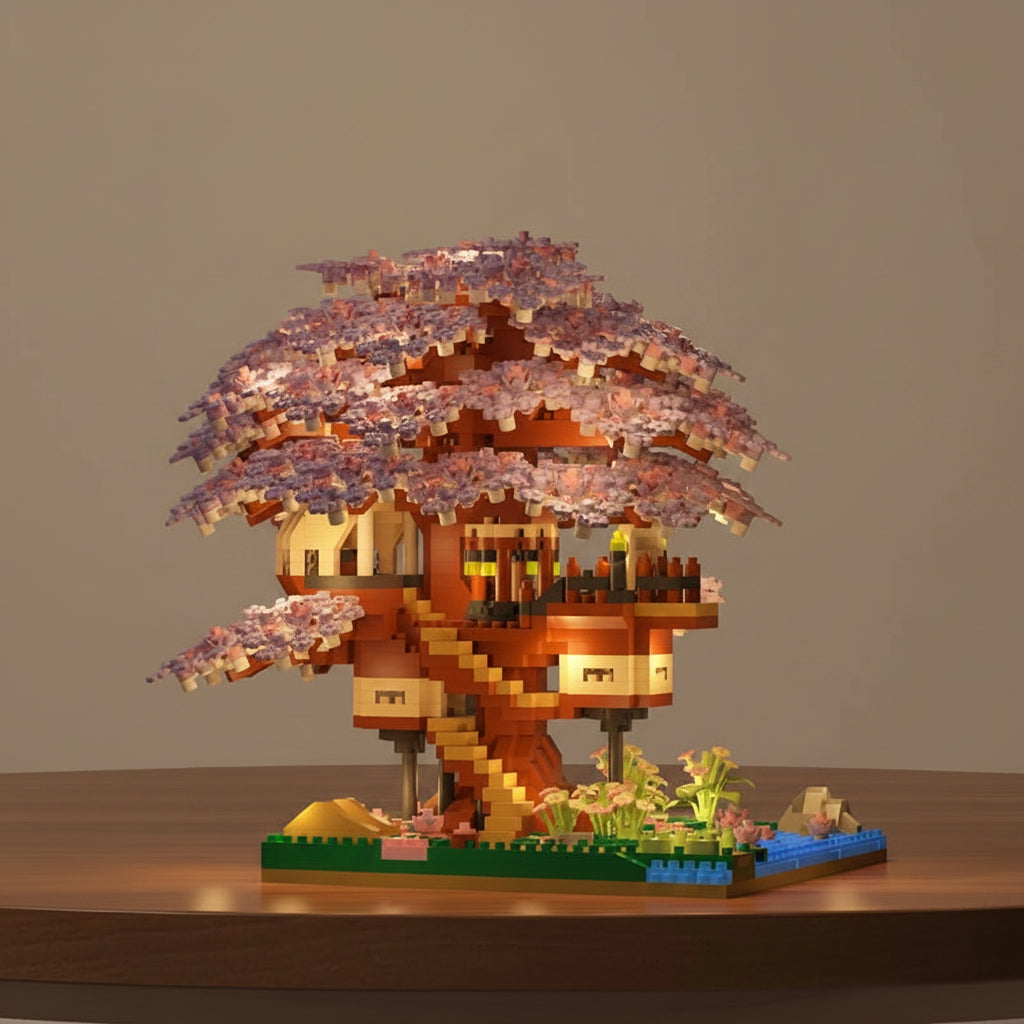 Toy treehouse with cherry blossom roof on a wooden surface