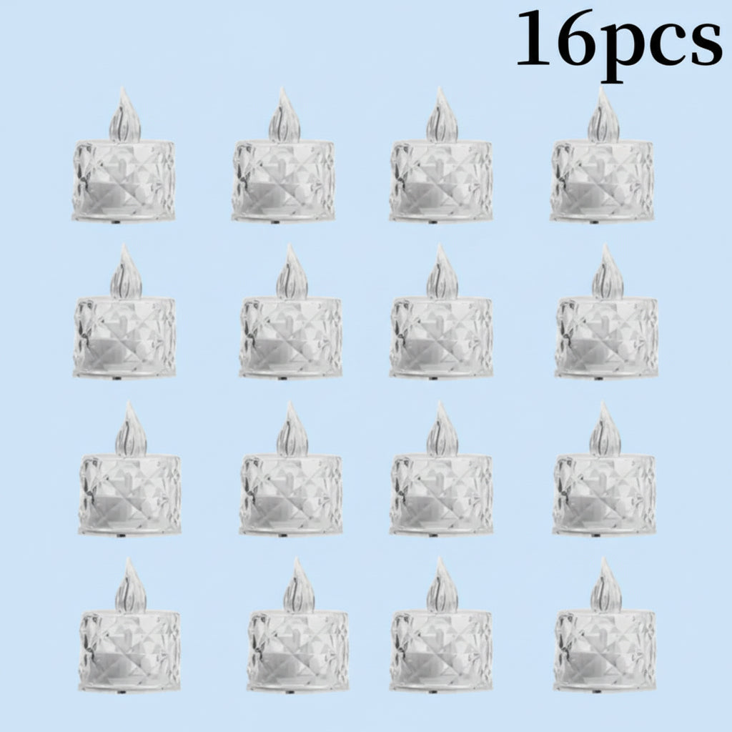 16 small decorative candles with clear covers on a white background