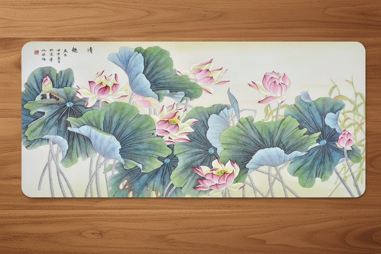 Desk setup with a large decorative mouse pad featuring floral designs