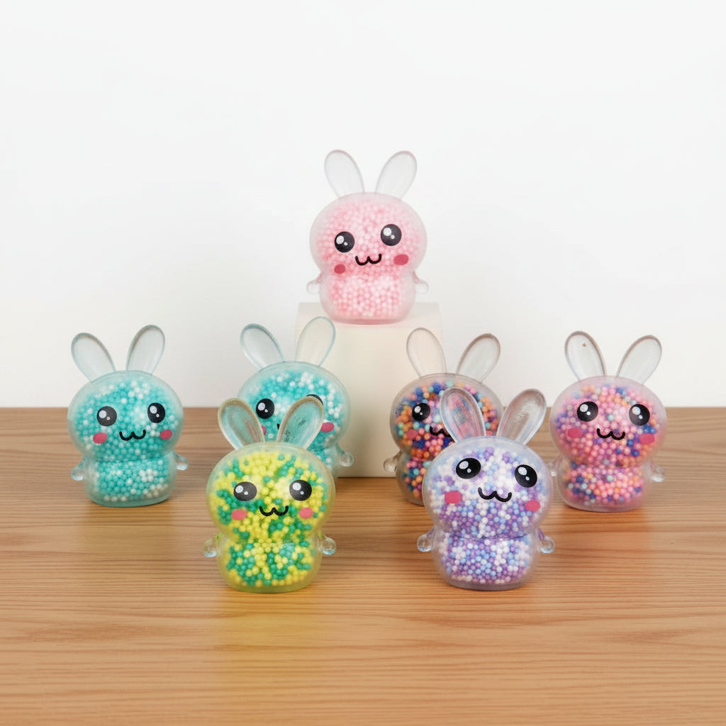 Colorful bunny-shaped squishy toy with smiling faces on a wooden surface 