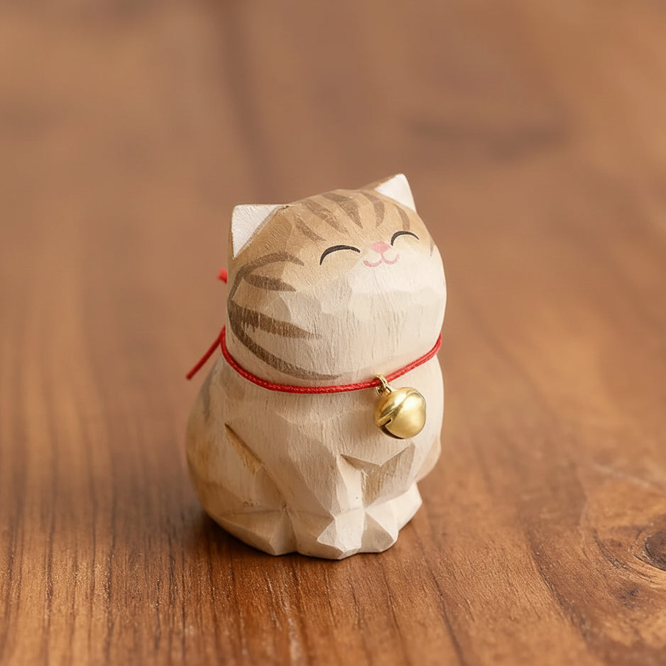 Cat-shaped wooden ornament with a bell on a wooden surface next to an open book