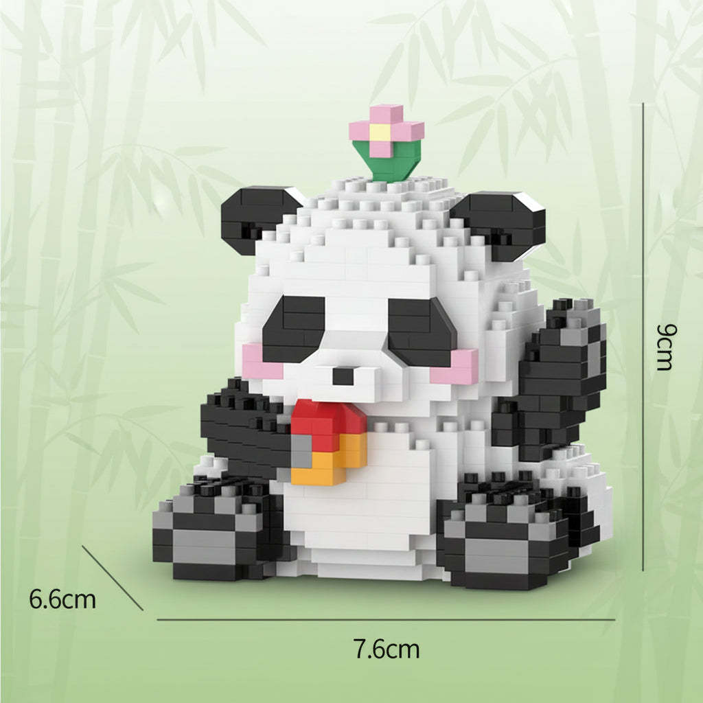 Panda-shaped building block toy with measurements on a white background