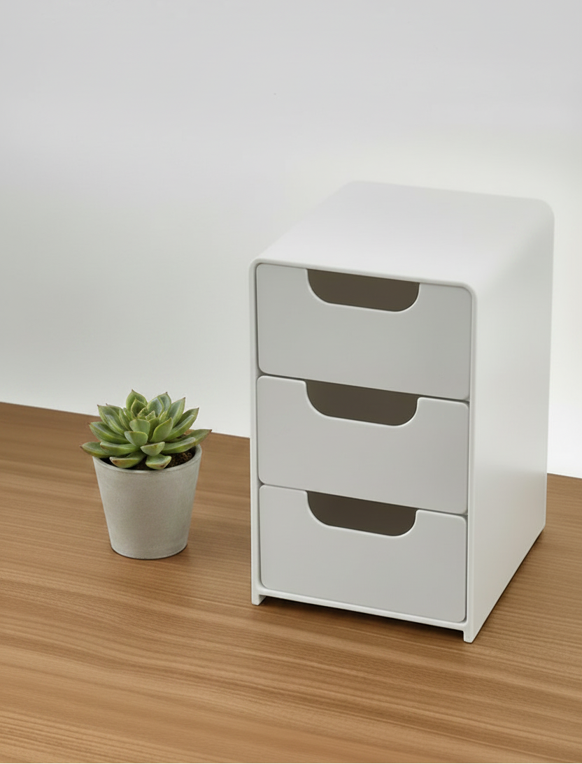 White storage unit with multiple drawers on a wooden surface