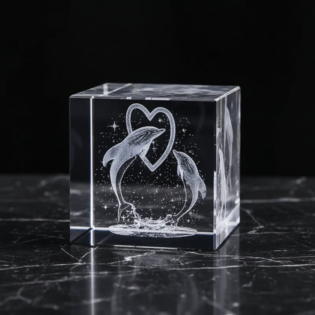 Crystal block with engraved dolphins and heart design on a dark background