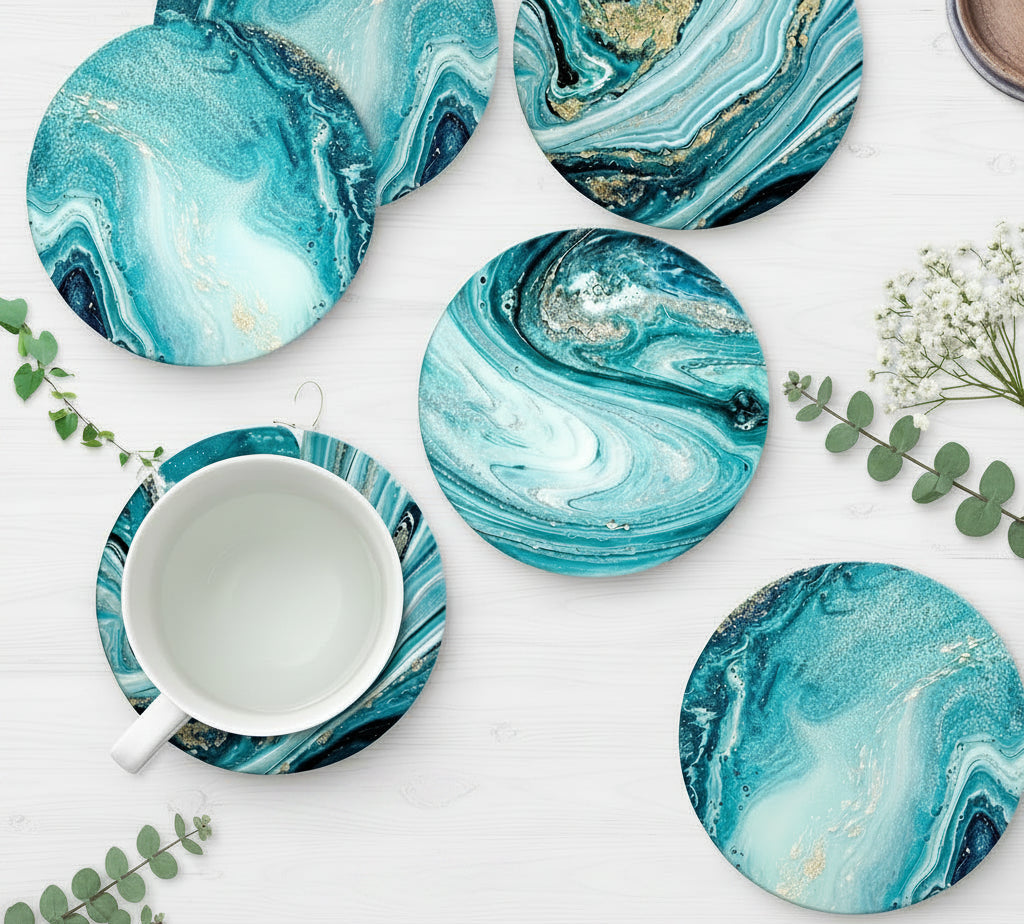 Set of blue marbled coasters with a white mug on a light surface.