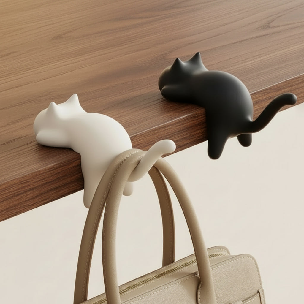 Two ceramic cat-shaped desk organizers on a wooden surface.