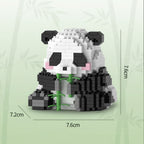 Panda-shaped building block set with dimensions on a white background