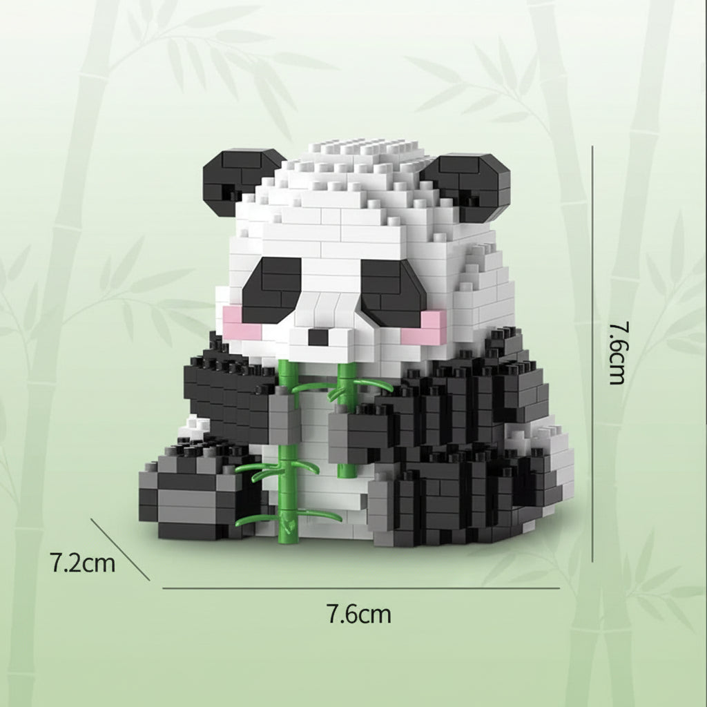 Panda-shaped building block set with dimensions on a white background