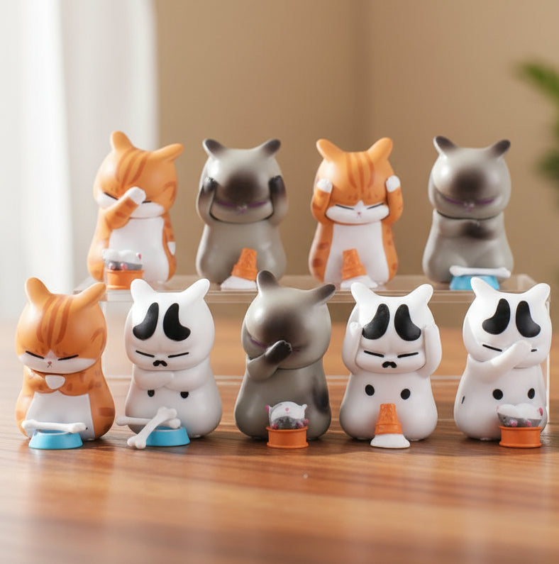 Set of 9 small stressed animal figurines with 