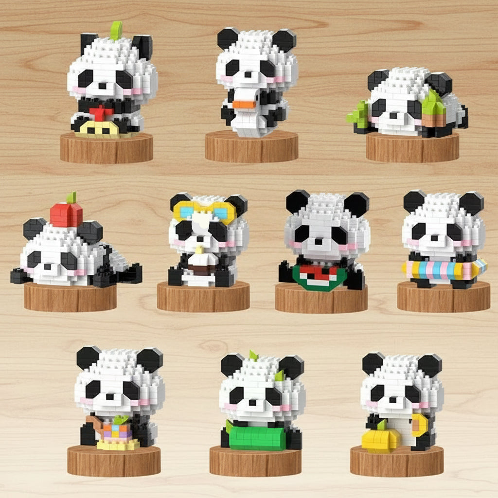 Set of panda-themed building block figures on a green background