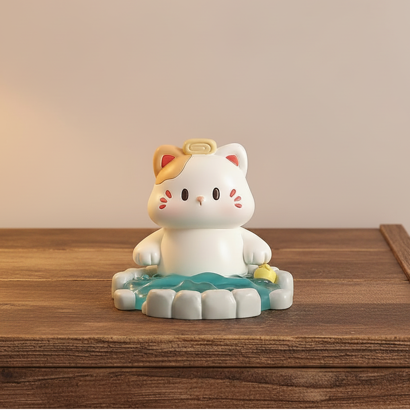 Cute cat-shaped phone stand with a yellow bow on a wooden surface