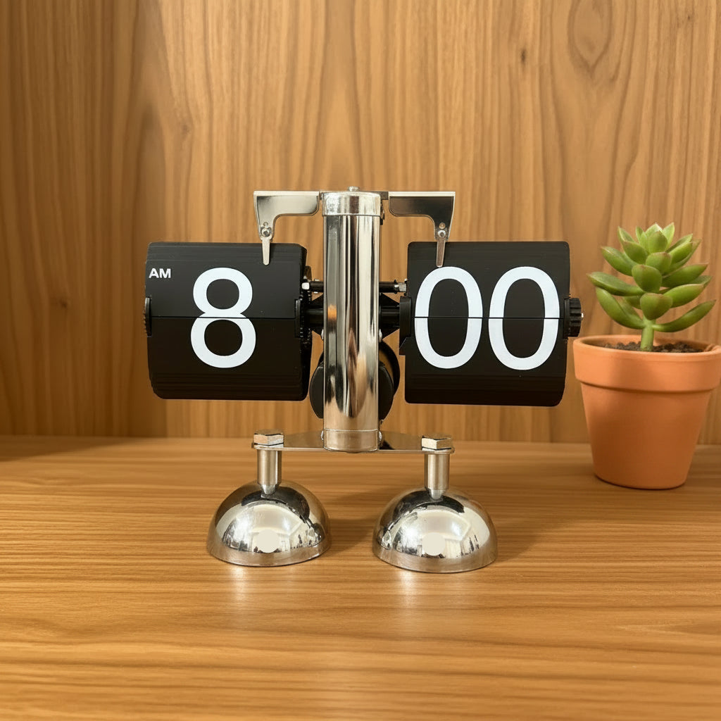 Flip clock showing 8:00 on a wooden surface with a potted plant in the background