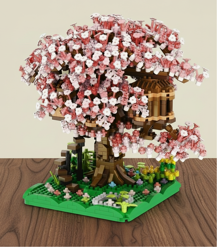 Toy building set with cherry blossom tree and treehouse on a wooden surface