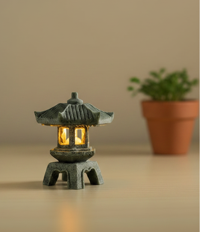 Decorative japanese style stone lantern with glowing interior on a wooden surface, potted plant in the background.