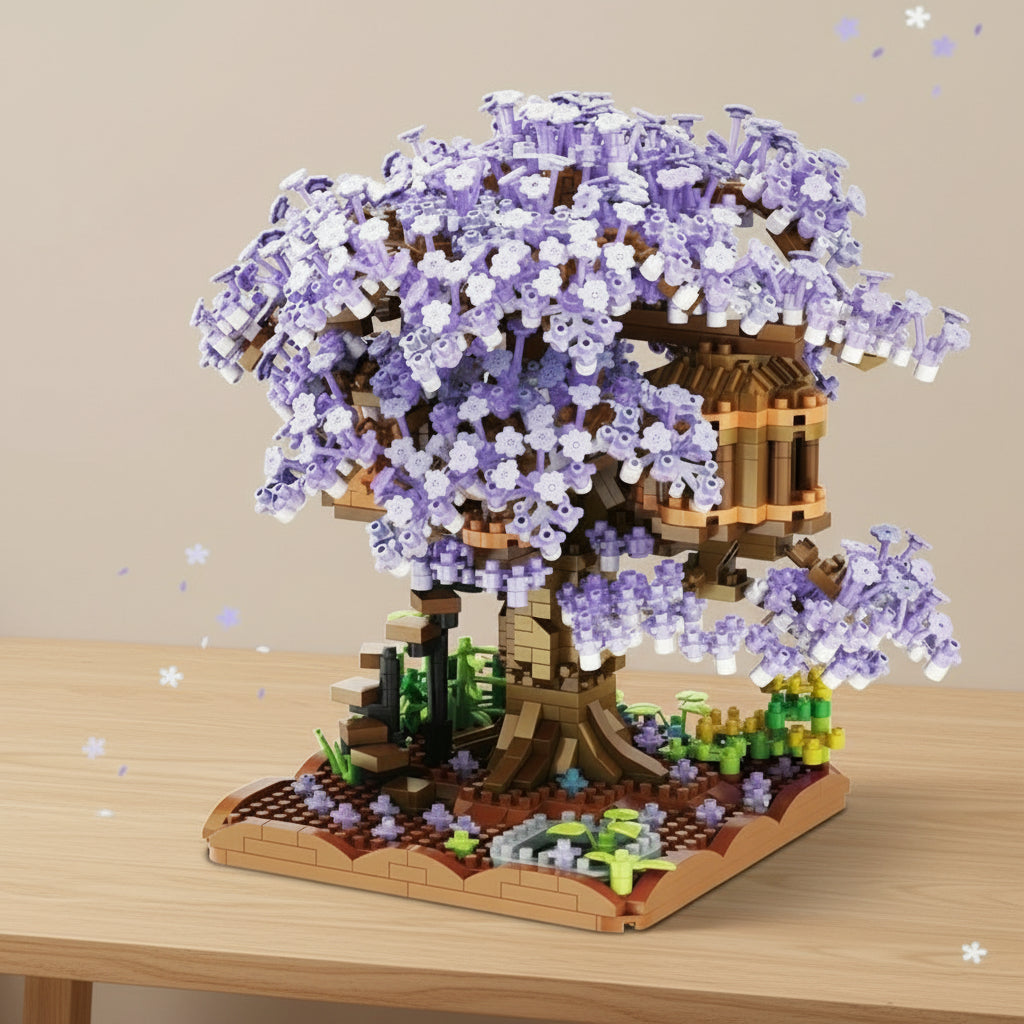 Purple tree house model with flowers on a wooden floor