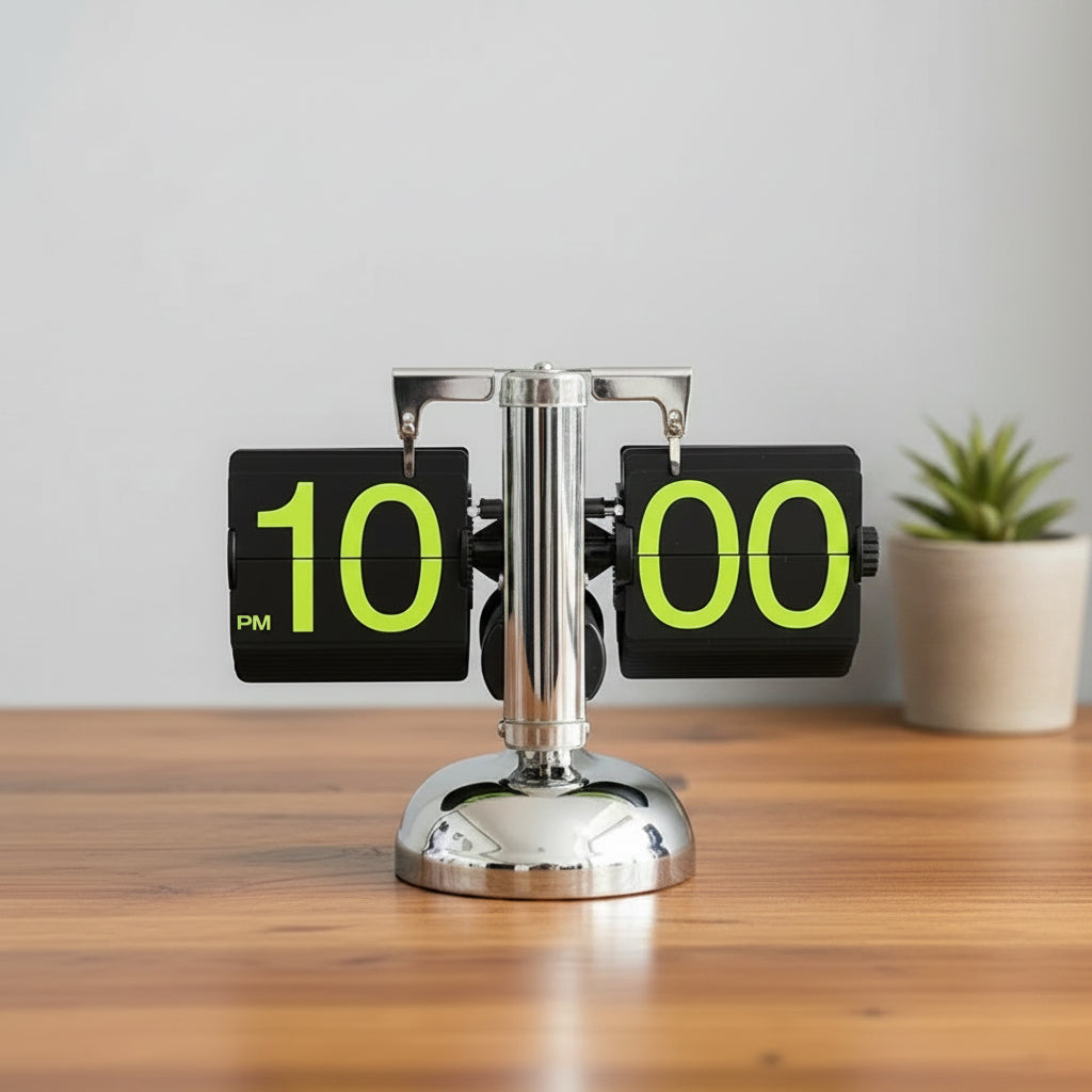 Hand holding a unique flip clock on a wooden desk