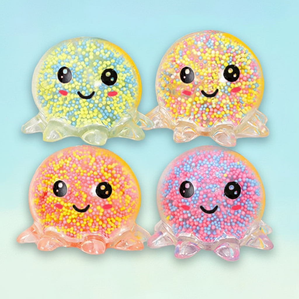 Four colorful jelly-like characters with smiling faces on a light background