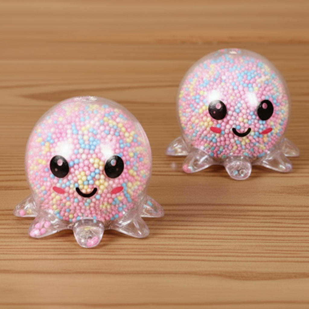 Colorful gelatinous squishy toy with smiling faces on a vibrant background
