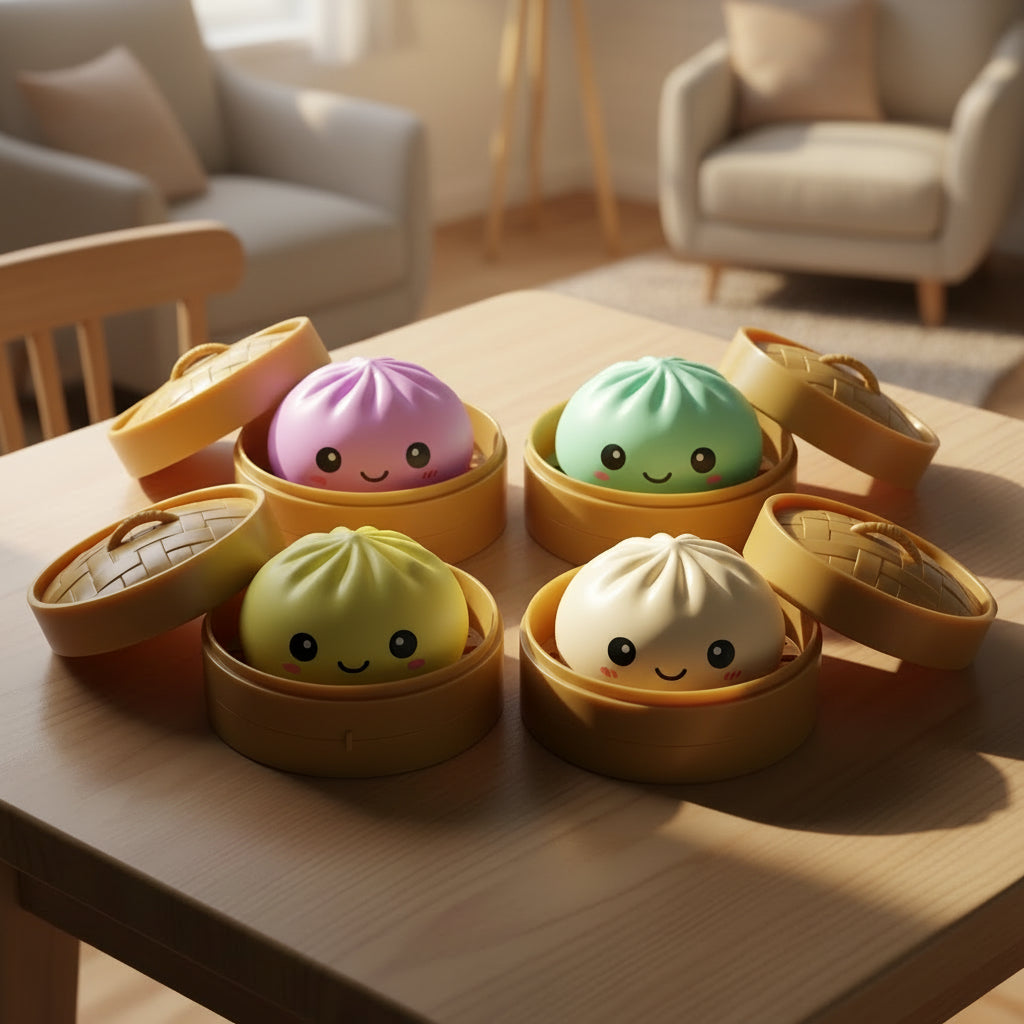 Colorful steamed bun-shaped squishy toy with faces on a wooden table in a kitchen setting.