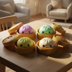 Colorful steamed bun-shaped squishy toy with faces on a wooden table in a kitchen setting.