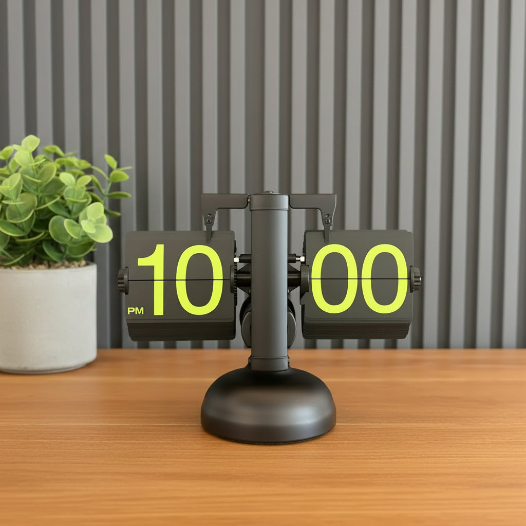 black flip clock with green numbers against a striped background
