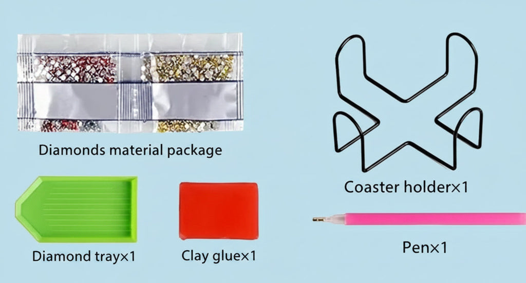 Set of diamond material package, coaster holder, diamond tray, clay glue, and pen on a light blue background.