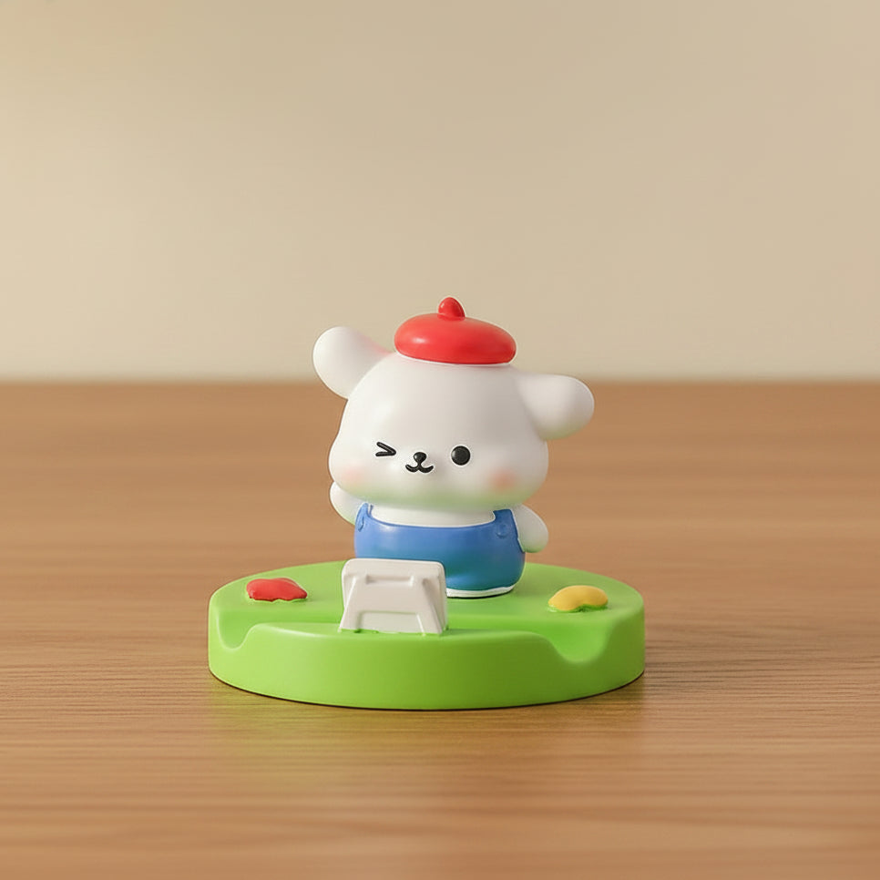 Cartoon dog phone holder with packaging on a light background