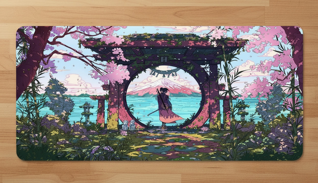 Decorative desk setup with a large mouse pad featuring an artistic design of a Japanese landscape.