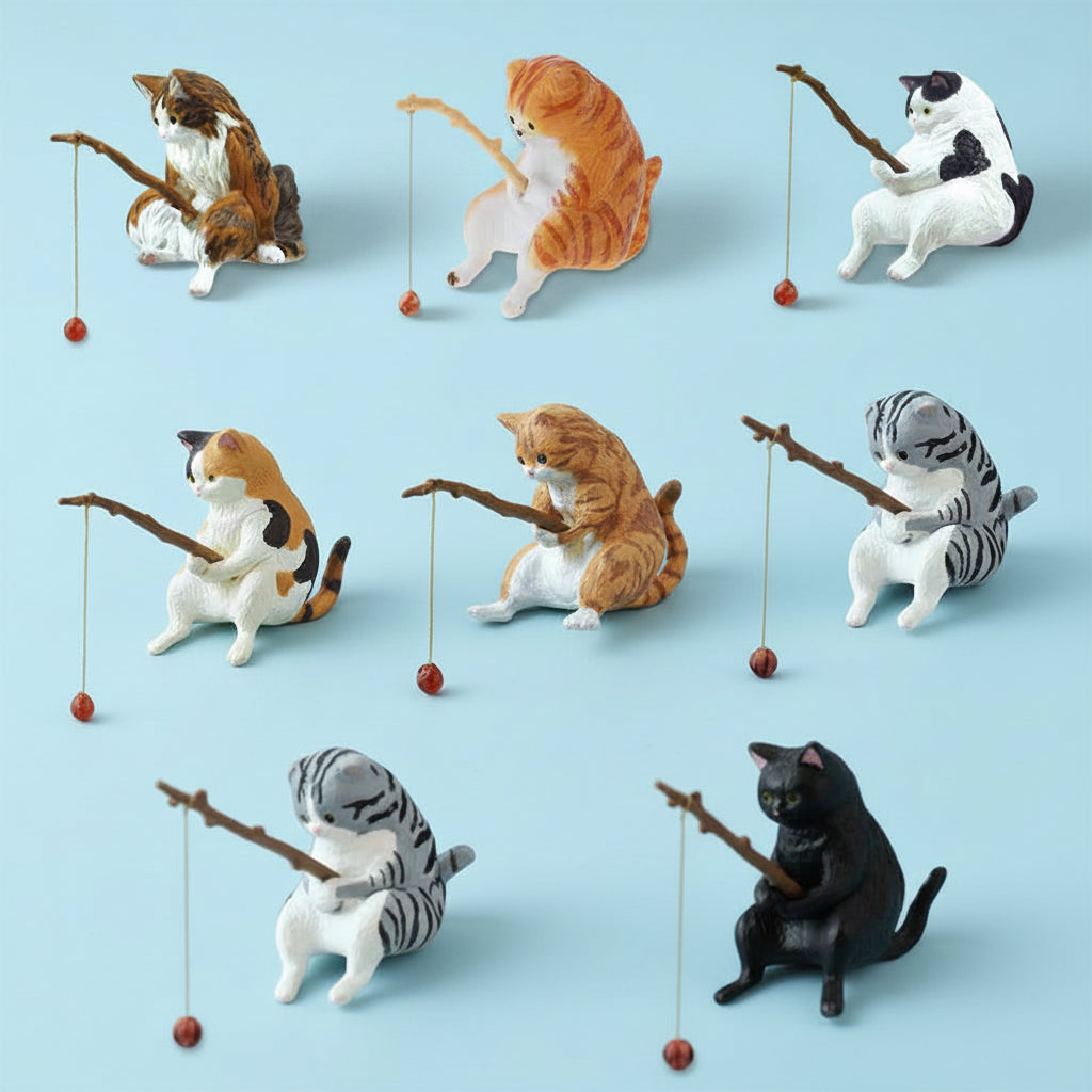 Set of cat figurines in various poses on a light blue background